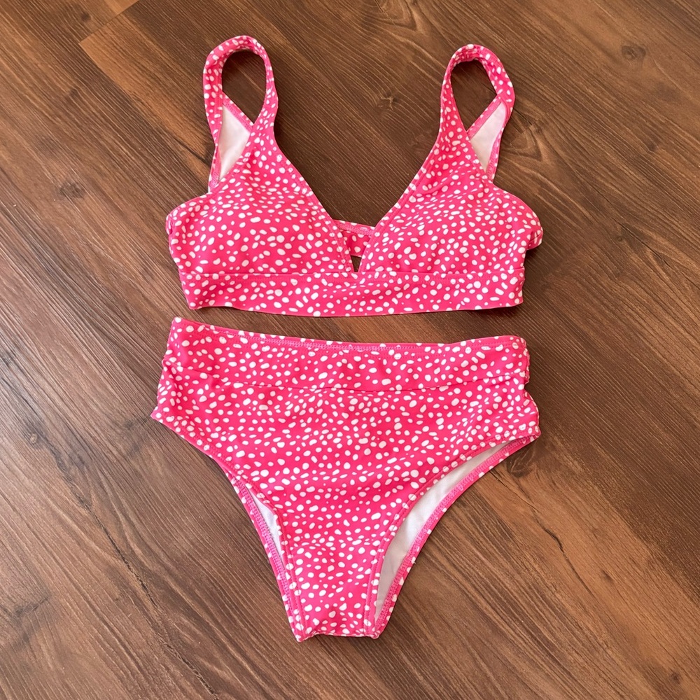 SHEIN Pink White Polka Dot High-Waist Bikini Set